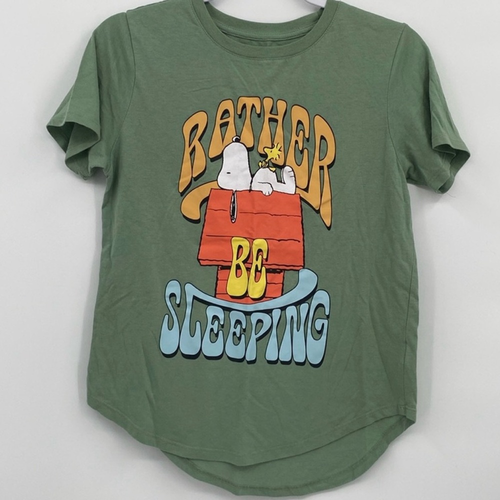 Peanuts Snoopy Rather Be Sleeping Juniors L 11-13 Green T-shirt